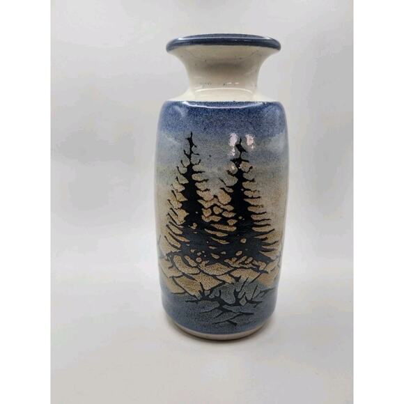 Bill Aitken Art Pottery Vase 7.5in Signed Blue Evergreen Pine Trees Stoneware - Picture 8 of 8